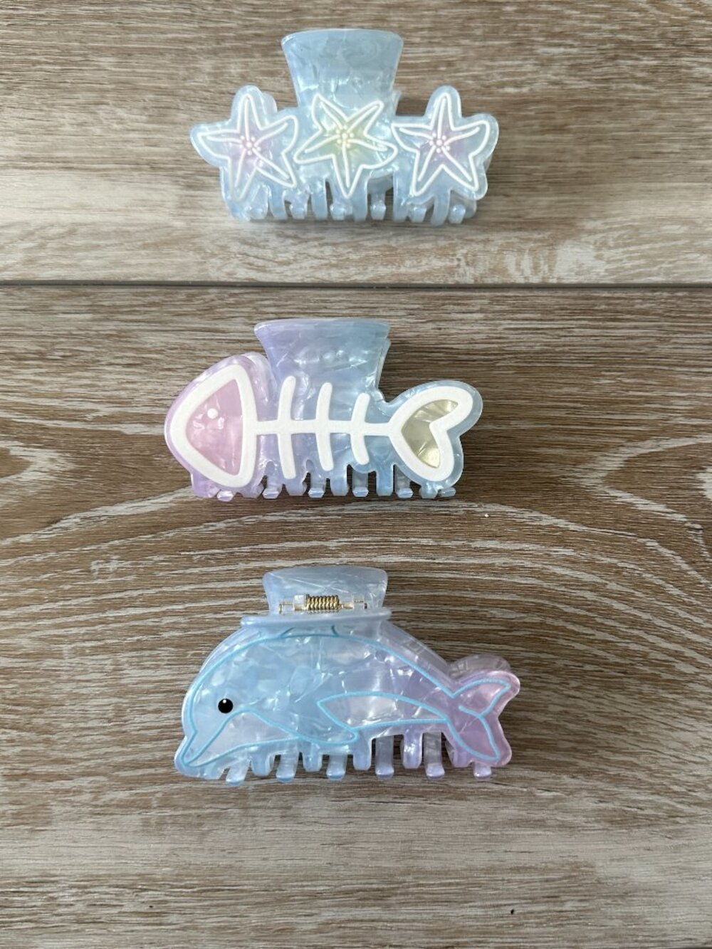 NWOT 3 Coastal Hair Claw Clips Starfish Dolphin Fish Blue Purple Iridescent